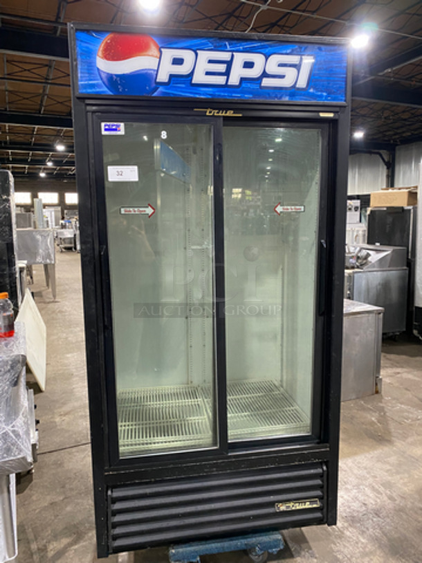 COOL! True Commercial 2 Sliding Door Reach In Refrigerator Merchandiser! With View Through Doors! With Poly Coated Racks! WORKING WHEN REMOVED! Model: GDM33 SN: 14380510 115V 60HZ 1 Phase