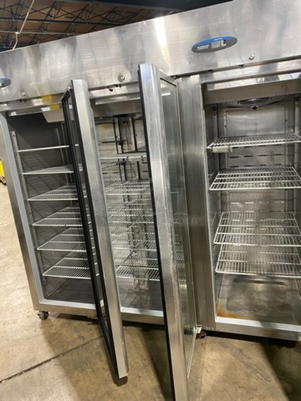 COOL! Hoshizaki Commercial 3 Door Reach In Cooler Merchandiser! With View Through Doors! Poly Coated Racks! All Stainless Steel Body! WORKING WHEN REMOVED! Model: CR3SFGYCR SN: F60047C 115V 60HZ 1 Phase - Image 4 of 9