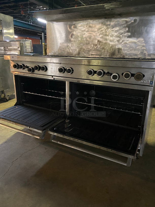 Garland Commercial Natural Gas Powered 10 Burner Stove! With 2 Full-Size Ovens Underneath! With Metal Oven Racks! With Raised Back Splash & Salamander Shelf! Stainless Steel! On Casters! - Image 7 of 10