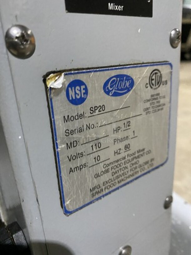 Globe Commercial 20 Quart Planetary Mixer! Model SP20! 110V 1 Phase! With S.S. Bowl And Paddle Attachment!  - Image 8 of 9
