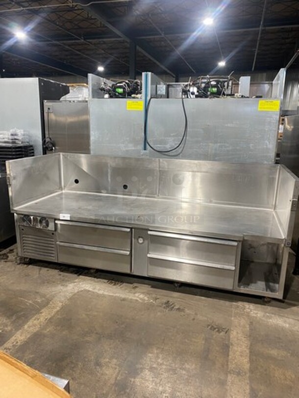 Kairak Custom Made Commercial Work Top Table/ Equipment Stand! With Raised Back And Side Splashes! With Drawer Storage Space Underneath! All Stainless Steel! On Casters!