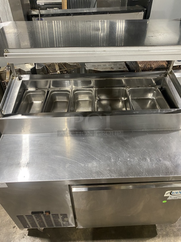 Avantco All Stainless Steel Commercial Pizza Prep Table! With Double Over Head Shelf & Under The Shelf Warmers & Ticket Holder Rail! on Commercial Casters! Model 178PICL1!   115 Volts, 1 Phase! Working When Removed!  - Image 5 of 8