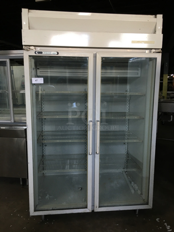 Frigidaire Commercial 2 Door Reach In Cooler Merchandiser! With View Through Doors! With Poly Coated Racks! On Legs! Model: T5CLGPCA-5 SN: C0767131 115/208/230V 60HZ 1 Phase
