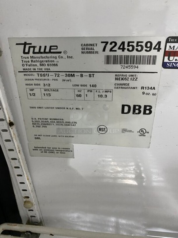 Commercial Refrigerated Sandwich Prep Table! With 3 Door Storage Space Underneath! Poly Coated Racks! All Stainless Steel! On Casters! Model: TSSU7230MBST SN: 7245594 115V 60HZ 1 Phase - Image 7 of 10