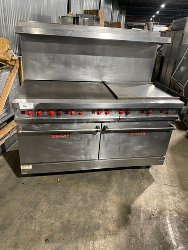 AMAZING! Vulcan Commercial Electric Powered French Top/ Hot Plate With Right Side Flat Griddle! With Raised Back Splash And Salamander Shelf! With 2 Oven Underneath! All Stainless Steel! On Casters!
