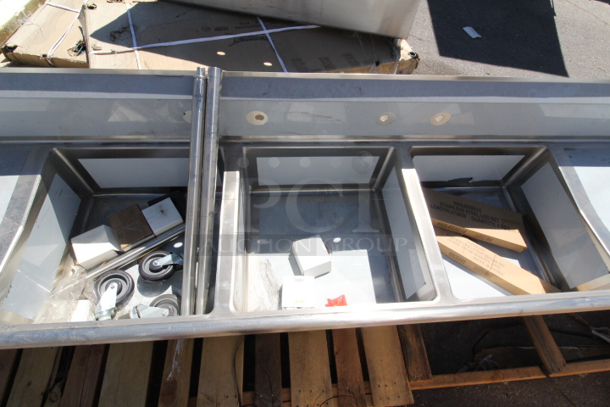 BRAND NEW SCRATCH & DENT! Regency 121" 16-Gauge Stainless Steel Three Compartment Commercial Sink with Galvanized Steel Legs and 2 Drainboards - 23" x 23" x 12" Bowls - Image 3 of 7