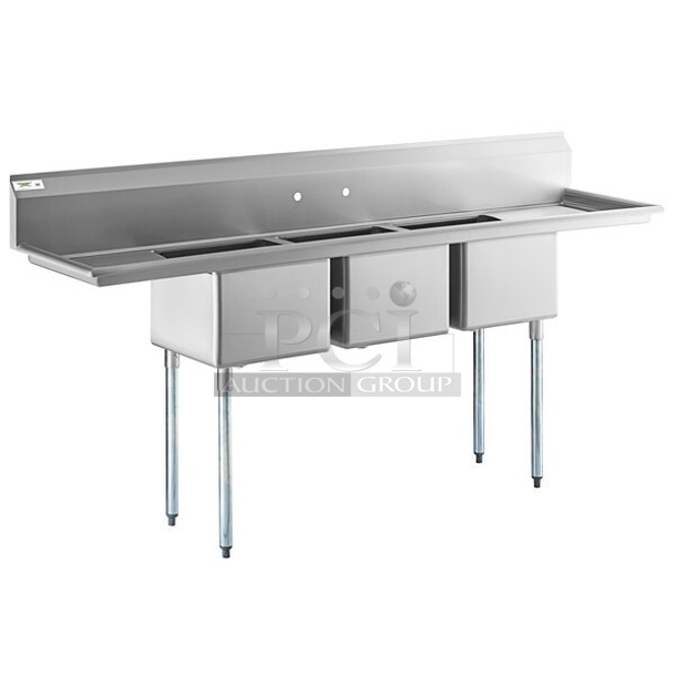 BRAND NEW SCRATCH AND DENT! Regency Spec Line 16-Gauge Stainless Steel Three Compartment Commercial Sink with Galvanized Steel Legs and 2 Drainboards. Bays 24x24x14. Drain Boards 22.5x22. No Legs.  - Image 1 of 8