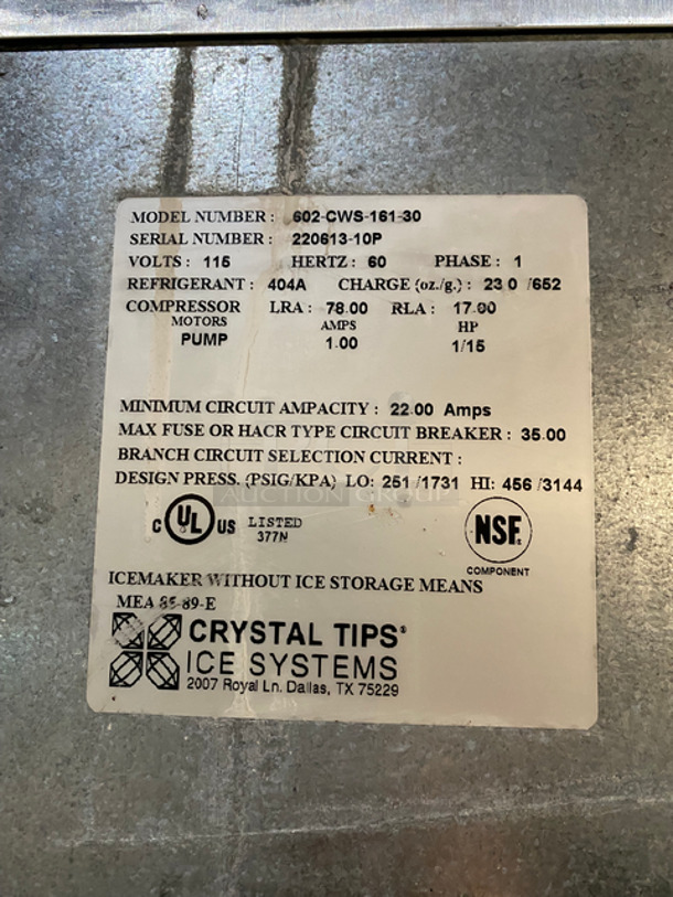 Crystal Tips Commercial Ice Maker Machine! On Commercial Ice Bin! All Stainless Steel! On Legs! 2X Your Bid Makes One Unit! Model: 602CWS16130 SN: 22061310P 115V 60HZ 1 Phase - Image 7 of 9