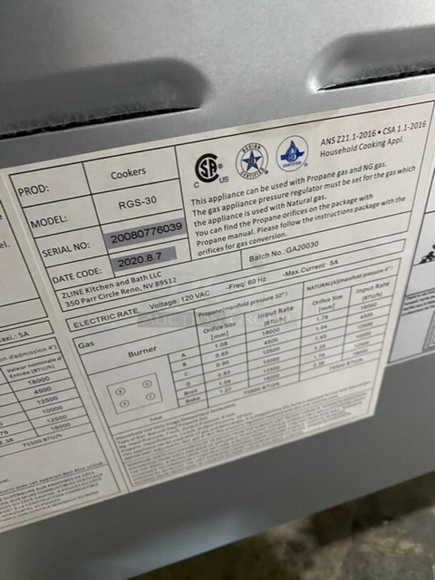Zline Gas Powered 4 Burner Stove! With Oven Underneath! Stainless Steel! On Legs! Missing Grates! MODEL RGS30 SN:20080776039 120V  - Image 9 of 10