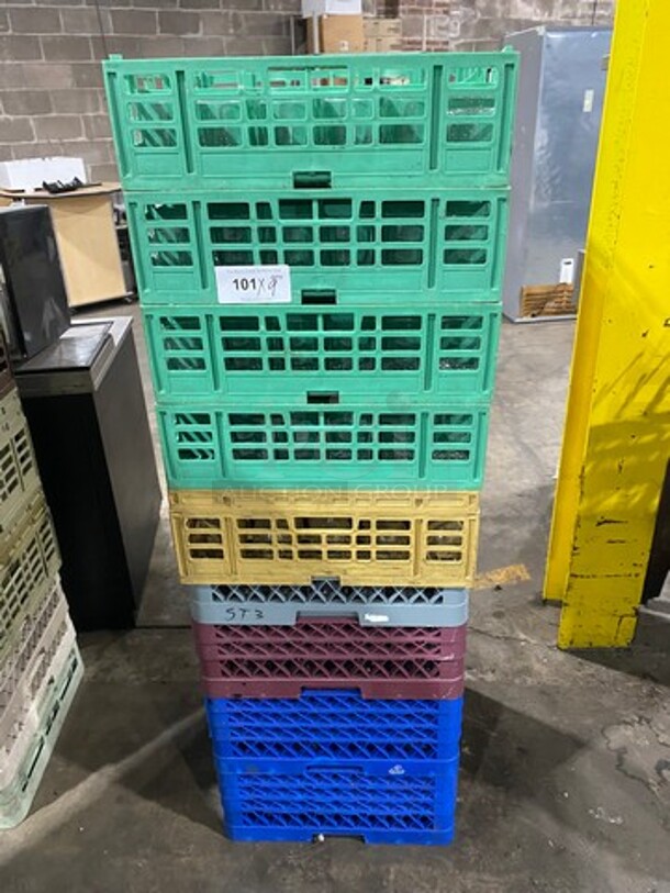 MISCELLANEOUS! Assorted Color Poly Cup Crates! With Assorted Style Drinking Glasses, Stemmed Martini And Wine Glasses! 9x Your Bid!