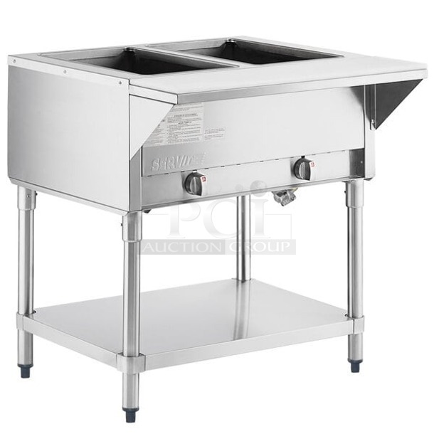 BRAND NEW SCRATCH & DENT! ServIt GST-2WE-NG Two Pan Open Well Natural Gas Steam Table with Undershelf - 7000 BTU 29 5/16 x 30 3/16 x 34. Original packaging is damaged.  - Image 1 of 5