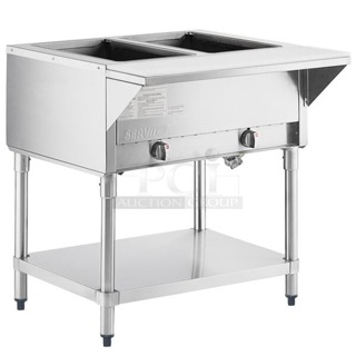 BRAND NEW SCRATCH & DENT! ServIt GST-2WE-NG Two Pan Open Well Natural Gas Steam Table with Undershelf - 7000 BTU 29 5/16 x 30 3/16 x 34. Original packaging is damaged. 