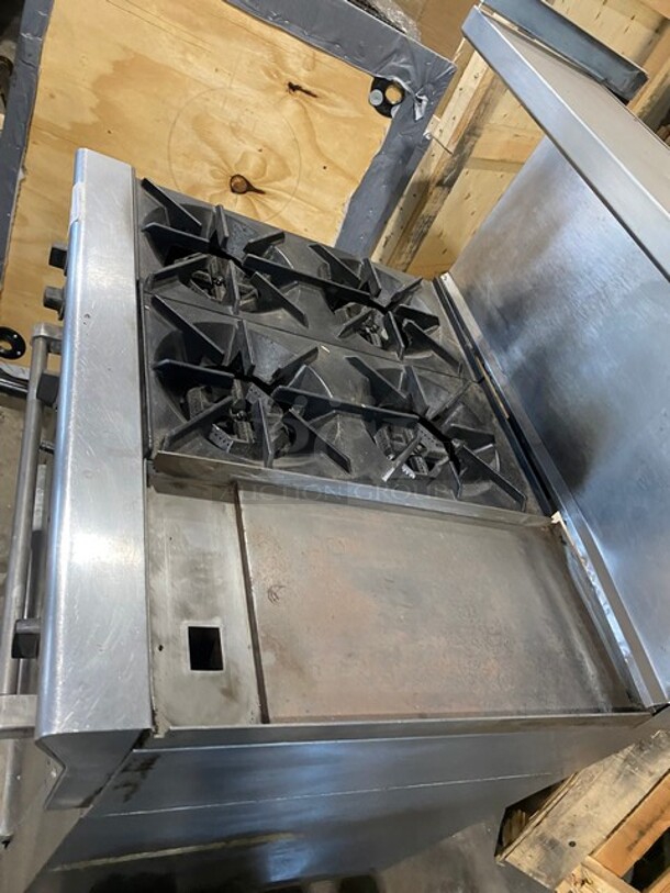 US Range Commercial Natural Gas Powered 4 Burner Stove! With Right Side Flat Griddle! With Backsplash & Overhead Salamander Shelf! With Full Size Oven Underneath! All Stainless Steel!  - Image 5 of 10