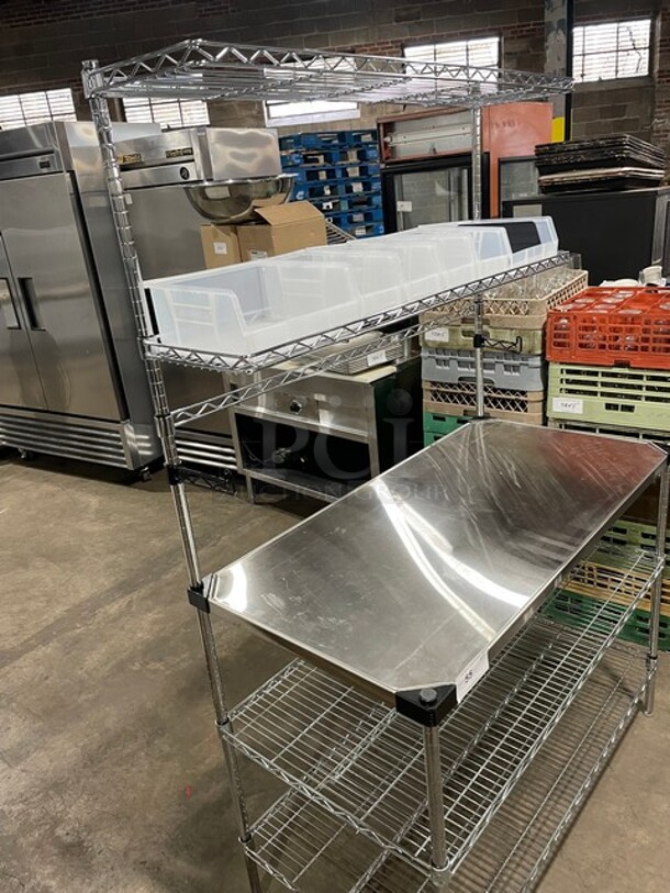 NEW & PERFECT! Metro Commercial Stainless Steel Out Going Station! With 2 Chrome Wire Over Shelves & 2 Full Sized Chrome Wire Under Shelves! With Plastic Storage Bins! On Legs!  - Image 2 of 8