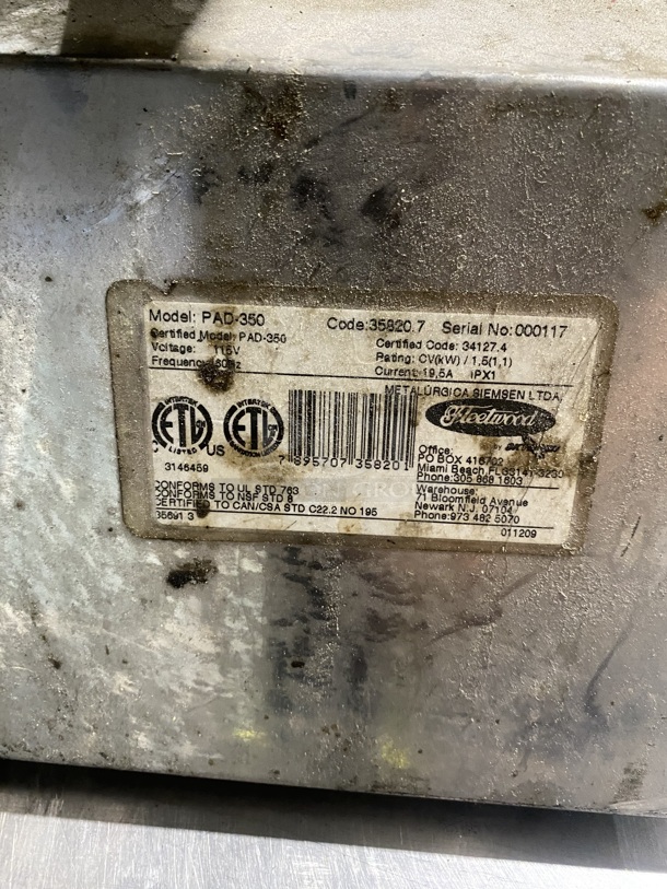 Fleetwood All Stainless Steel Commercial Countertop Power Hub/Meat Grider/Cheese Shredder! MODEL: PAD350 SN:000117 115V! - Image 5 of 6