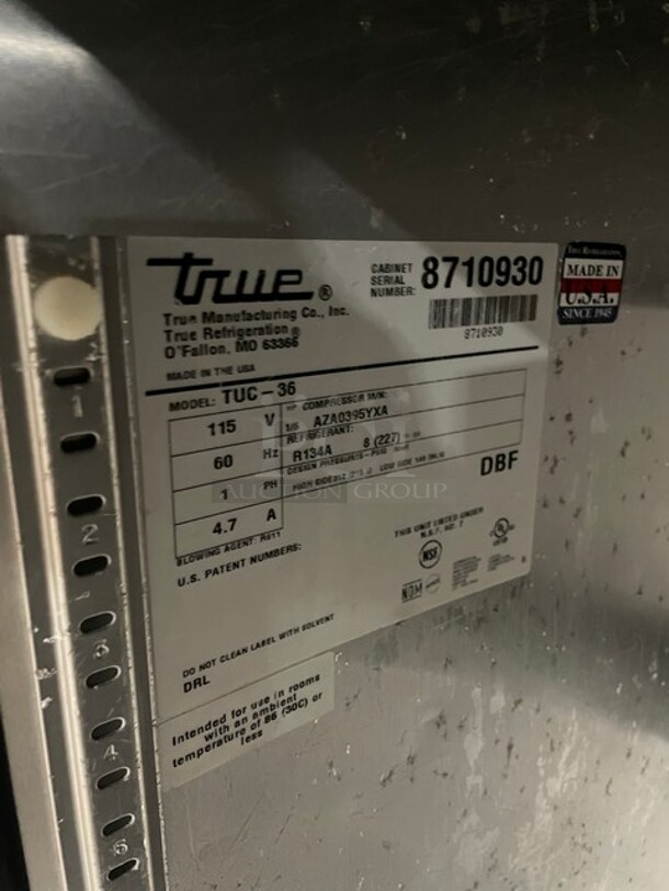 True Commercial 2 Door Lowboy/Worktop Cooler! All Stainless Steel! On Casters! Model: TUC36 SN: 8710930! 115V 60HZ 1 Phase! - Image 6 of 7