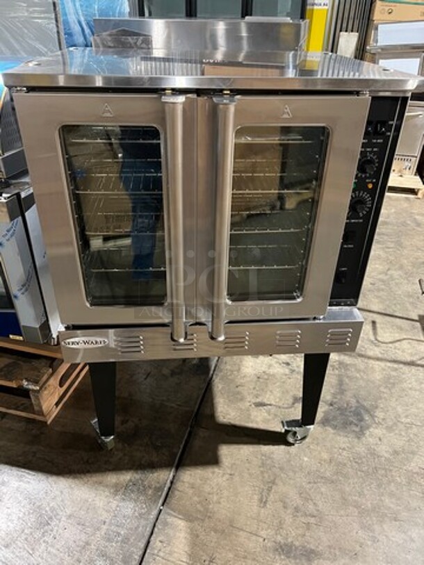 AMAZING! BRAND NEW! LATE MODEL! 2022 Serve Ware Commercial Natural Gas Powered Convection Oven! With View Through Doors! Metal Oven Racks! All Stainless Steel! On Casters! WITH MANUFACTURE WARRANTY! Model: SGCO1