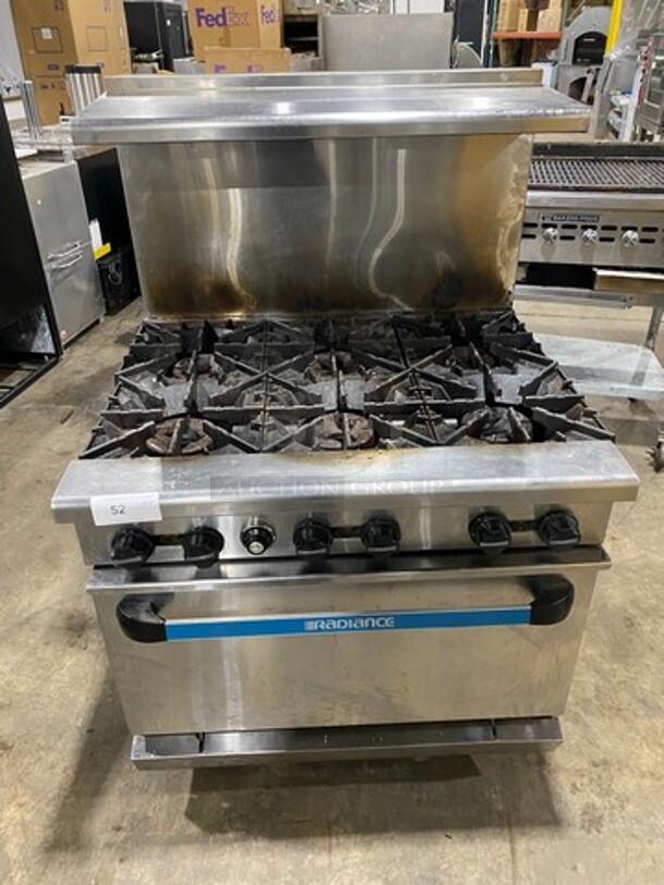 LATE MODEL! Radiance Commercial Natural Gas Powered 6 Burner Stove! With Raised Back Splash And Salamander Shelf! With Oven Underneath! All Stainless Steel! On Casters! WORKING WHEN REMOVED! - Image 1 of 8