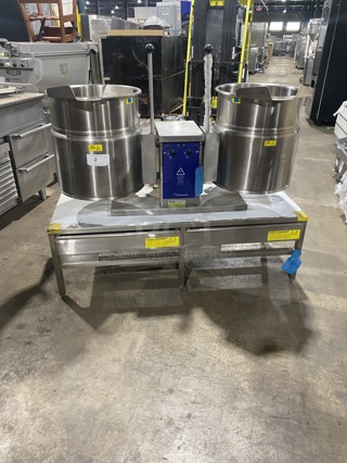 NEW! NEVER USED! Cleveland Commercial Countertop Electric Powered Jacketed Tilting Soup Kettle! On Equipment Stand! All Stainless Steel! On Legs! Model: TKET12T SN: WT680804C01 240V 60HZ 3 Phase