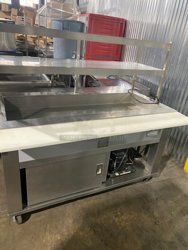 Seco Commercial Refrigerated Food Prep/Serve Station/Cold Pan! With Lowering Prep Line! With Commercial Cutting Board! With Overhead Shelf! With Underneath Storage Space! All Stainless Steel! Model 4CM Serial 598! 120V 1Phase! On Casters! - Image 3 of 10