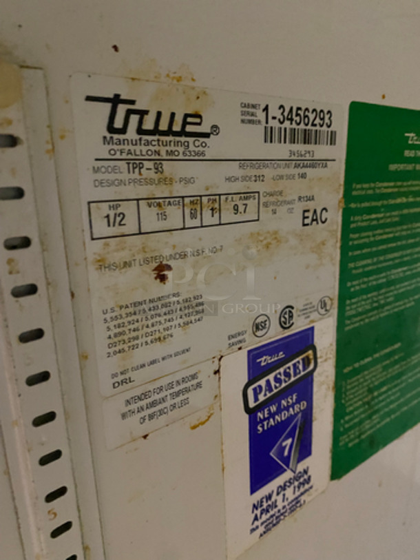 True Commercial Refrigerated 3 Door Pizza Prep Table! With Prep Pans! All Stainless Steel! On Casters! NOT TESTED! Model: TPP93 SN: 13456293 115V 60HZ 1 Phase - Image 9 of 10