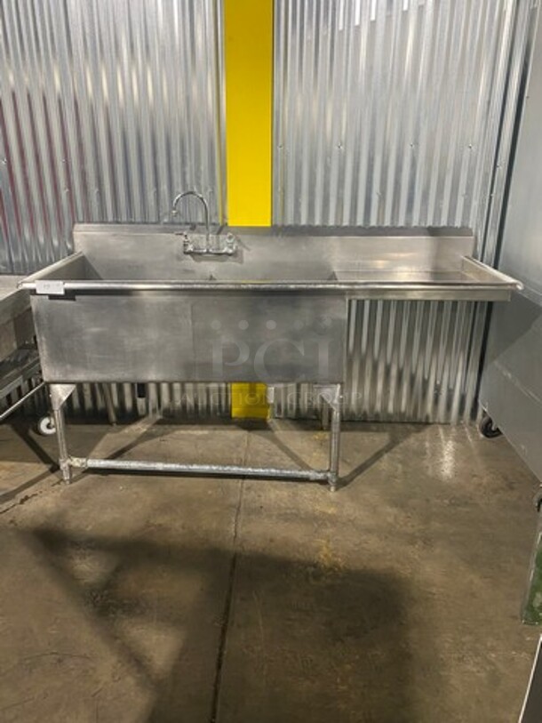All Stainless Steel Heavy Duty Commercial 2 Bay Sink! With Right Side Drainboard! With Faucet! With Backsplash! On Legs! - Image 1 of 7