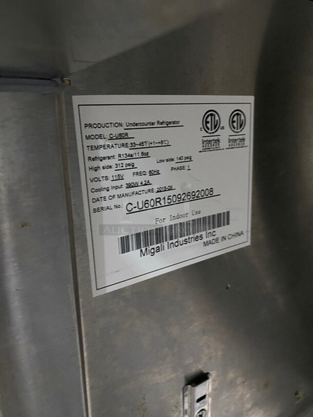 Migali Commercial 2 Door Lowboy/Worktop Cooler! With Butcher Block Top! All Stainless Steel! On Casters! Model: CU60R SN: CU60R15092692008 115V 60HZ 1 Phase - Image 7 of 10