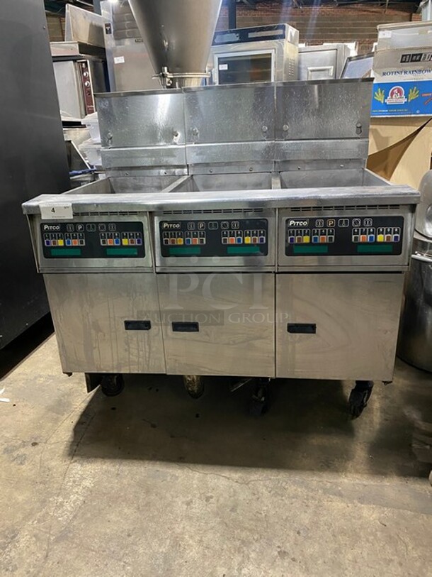 PITCO Soltice Series Frialator Stainless Steel Commercial Natural Gas Powered 3 Bay Deep Fat Fryer! Model:SSH60 Serial G12FC026375! On Commercial Casters! - Image 1 of 11