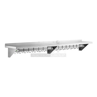 BRAND NEW SCRATCH & DENT! Regency 12" x 96" Stainless Steel Wall Mounted Pot Rack with Shelf and 18 Galvanized Hooks. Packaging Is Damaged. Unit Has Some Scratches & Dents 