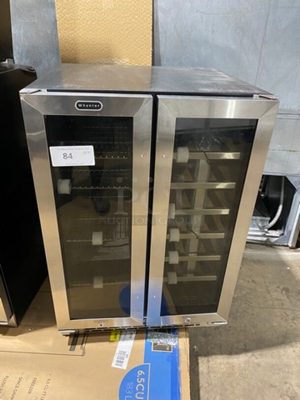 NEW! OUT OF THE BOX! SCRATCH-N-DENT! Whynter French Door Dual Zone Wine And Beer Can Cooler! With Through Doors! Wooden Wine Racks And Metal Racks! 20 Wine Bottle 60 Beer Can Capacity! Model: BWB2060FDS 115V - Image 1 of 11