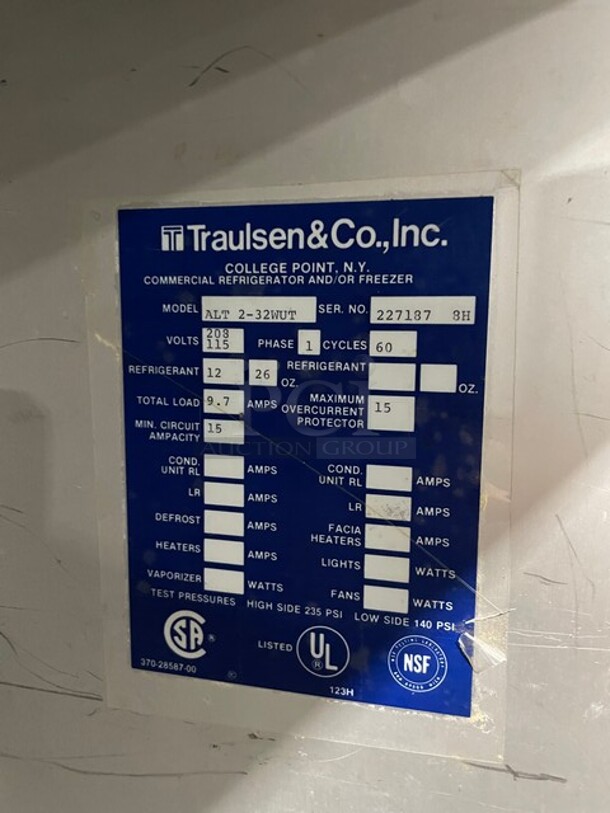 Traulsen Commercial 2 Door Reach In Freezer! With Racks! All Stainless Steel! Model LT232WUT Serial 227187! 208/115V 1Phase! On Casters! Working When Removed!  - Image 8 of 10