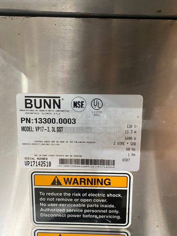 Bunn! Bunn CWTStainless Steel Commercial Countertop 3 Burner Coffee Machine Warmer!MN:VP17-3  120 Volts, 1 Phase! - Image 8 of 8