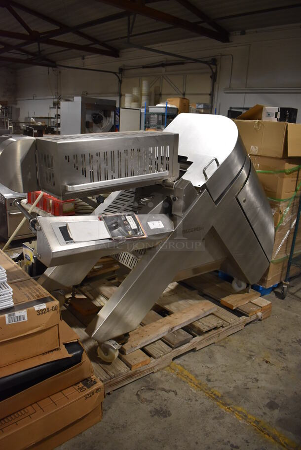 HARD TO FIND! Bizerba A510 Stainless Steel Commercial Floor Style Fully Automatic Industrial Slicer Stacker on Commercial Casters. Goes GREAT w/ Lot # 203! Retail Price $89,000! 208 Volts, 3 Phase. 84x32x60 - Image 1 of 12