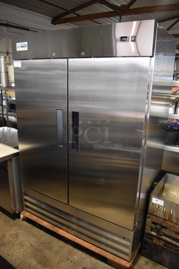 BRAND NEW SCRATCH AND DENT! KoolMore RIR-2D-SS Stainless Steel Commercial 2 Door Reach In Cooler w/ Poly Coated Racks. 115 Volts, 1 Phase.  54x32.5x77.5. Tested and Working!