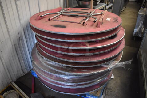 12 Wood Pattern Round Folding Tables w/ Metal Rim. 54x54x3. 12 Times Your Bid!