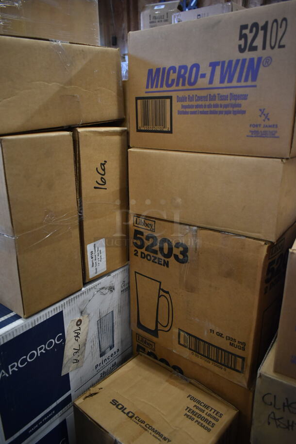 PALLET LOT of 55 BRAND NEW! Boxes Including Almond Heavy Weight Poly Knives, 52101 Micro Twin Bath Tissue Dispenser, Solo Cups, Libbey 5203 11 oz Glass Mugs, Arcoroc Syrup Pourers, Arcoroc Glasses, Solo Teaspoons, Karat Poly Spoons. 55 Times Your Bid! - Image 6 of 12