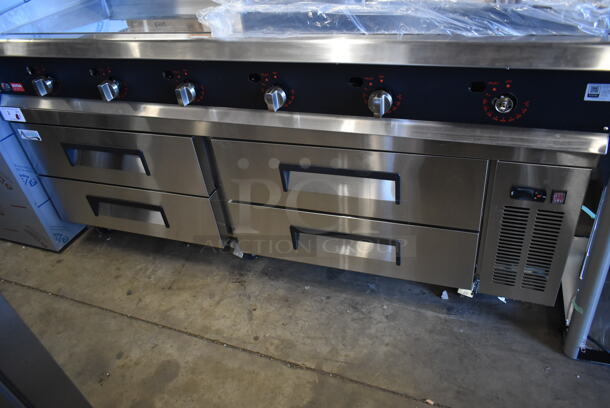 BRAND NEW SCRATCH AND DENT! Avantco 178CBE72HC Stainless Steel Commercial 72" 4 Drawer Refrigerated Chef Base on Commercial Casters. 115 Volts, 1 Phase. Tested and Working! - Image 2 of 7
