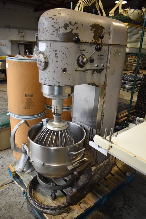 Hobart M 802 Metal Commercial Floor Style 80 Quart Planetary Dough Mixer w/ Metal Mixing Bowl, Bowl Dolly, Bowl Adapter, Dough Hook, Paddle and Whisk Attachments. 208 Volts, 3 Phase. 25x48x64