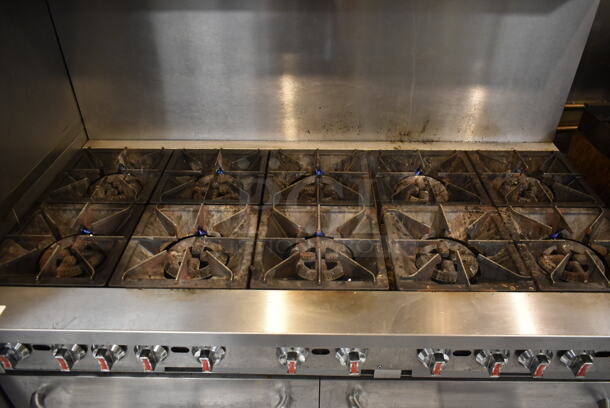 Cooking Performance Group CPG Stainless Steel Commercial Natural Gas Powered 10 Burner Range w/ 2 Ovens, Over Shelf and Back Splash on Commercial Casters. BUYER MUST REMOVE. Tested and Working! (kitchen) - Image 2 of 7