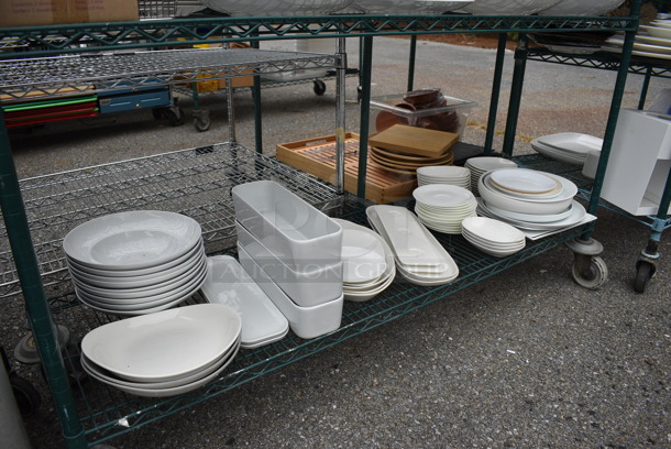 ALL ONE MONEY! Lot of 4 Tiers of Various Smallwares Including White Ceramic Plates, Stool. Does Not Include Shelving Unit - Image 5 of 5