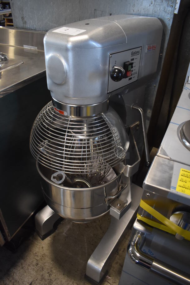 BRAND NEW SCRATCH AND DENT! Galaxy 177GMIX30 Metal Commercial Floor Style 30 Quart Planetary Dough Mixer w/ Stainless Steel Mixing Bowl, Bowl Guard, Dough Hook, Balloon Whisk and Paddle Attachments. Missing Fan. 110 Volts, 1 Phase. 22x26x46. Tested and Working! - Image 1 of 10