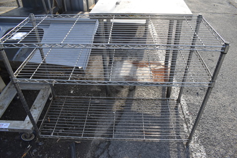 Chrome Finish 3 Tier Wire Shelving Unit. BUYER MUST DISMANTLE. PCI CANNOT DISMANTLE FOR SHIPPING. PLEASE CONSIDER FREIGHT CHARGES. 48x18x35.5