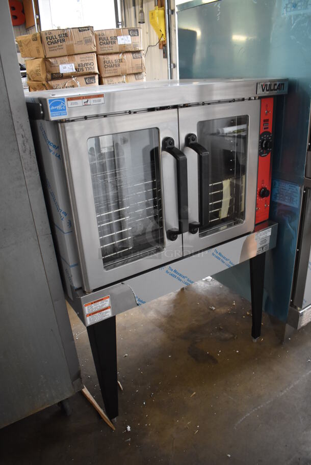 	BRAND NEW SCRATCH AND DENT! LATE MODEL! Vulcan Model VC5GD-11D1Z Stainless Steel Commercial Natural Gas Powered Full Size Convection Oven w/ View Through Doors, Metal Oven Racks and Thermostatic Controls on Metal Legs. 40x32x55. Tested and Working! - Image 3 of 8