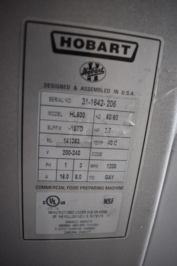 BRAND NEW SCRATCH AND DENT! Hobart HL600 Metal Commercial Floor Style 60 Quart Planetary Mixer w/ Stainless Steel Mixing Bowl, Bowl Guard, Whisk, Paddle and Dough Hook Attachments. 200-240 Volts, 1 Phase. - Image 11 of 12