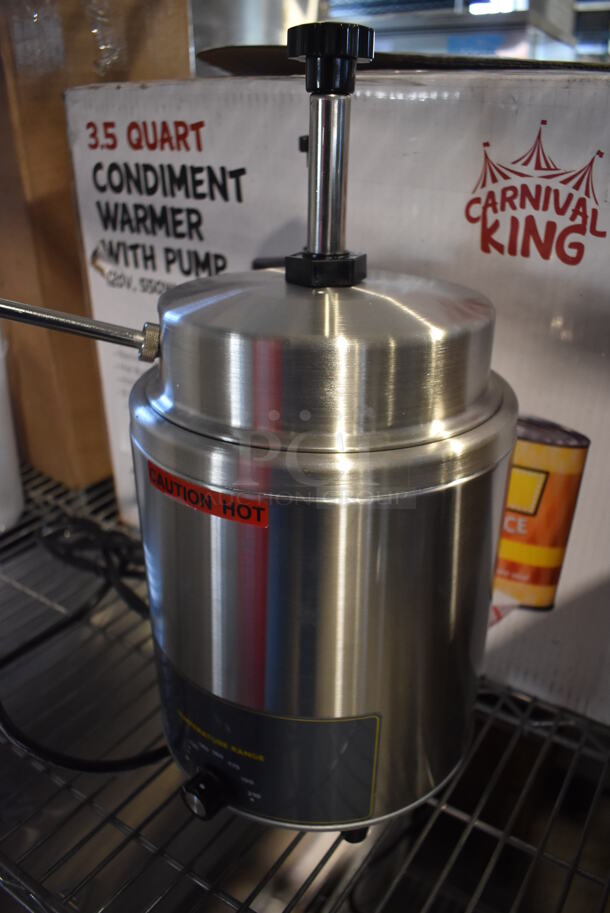 BRAND NEW IN BOX! Carnival King 382RWS35 Stainless Steel Commercial Countertop Condiment Warmer w/ Pump. 120 Volts, 1 Phase. 8x16x17. Tested and Working! - Image 3 of 7