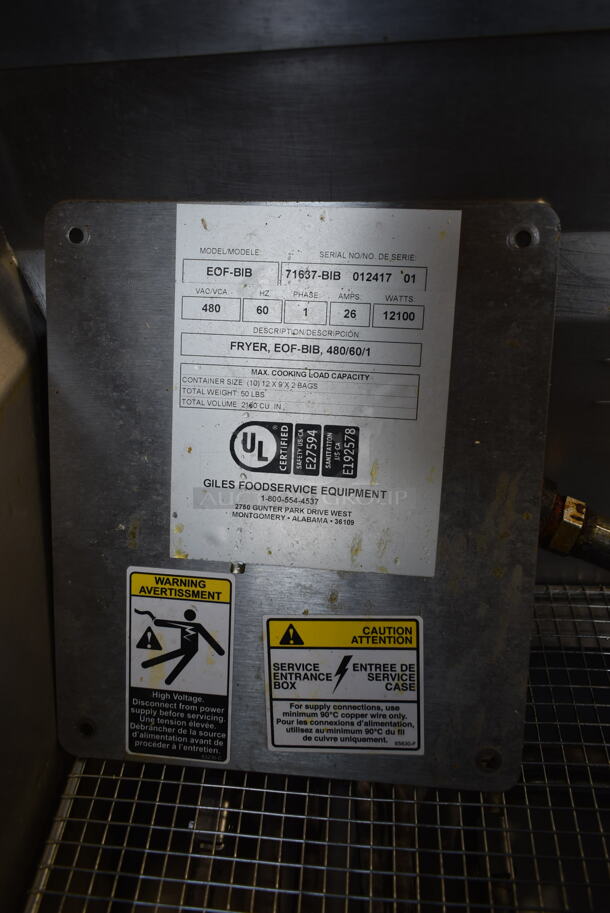 Giles EOF-24 Stainless Steel Commercial Electric Powered 3 Bay Fryer w/ Giles EOF-BIB Dumping Station and 4 Metal Fry Baskets. 480 Volts, 3 Phase. - Image 3 of 9