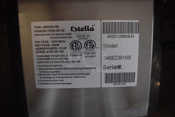 BRAND NEW! Estella 348EDS18S Stainless Steel Commercial Countertop One Stage Dough Sheeter. 120 Volts, 1 Phase. 24x18x16. Tested and Working! - Image 5 of 10