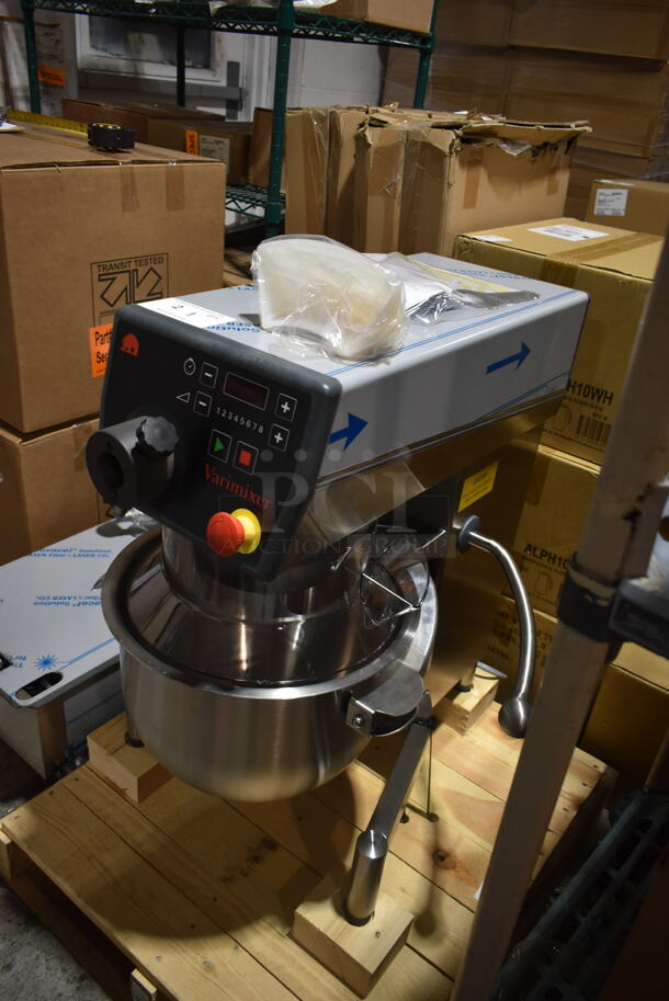 BRAND NEW! 2022 Varimixer V20KT Metal Commercial Countertop 20 Quart Planetary Dough Mixer w/ Stainless Steel Mixing Bowl, Poly Bowl Guard, Dough, Whisk, Paddle Attachments. 120 Volts, 1 Phase. Tested and Working! - Image 11 of 12