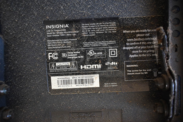 Insignia NS-43D420NA20 43" LED Television. 120 Volts, 1 Phase. Buyer Must Pick Up - We Will Not Ship This Item. Tested and Working! - Image 6 of 6
