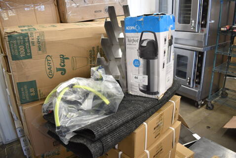 ALL ONE MONEY! Lot of Various BRAND NEW SCRATCH AND DENT! Items Including Acopa 553A40SSL Airpot, Lid Holder, Flat Tech FPB5030A05 22 1/2" x 21" Yellow Table Pad, Floor Mat.